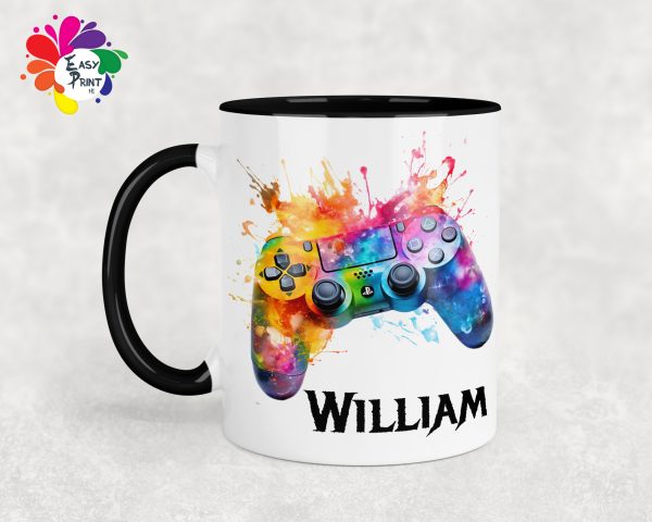 Personalised Gaming Mug 11oz Boys/Girls, His/Hers, Paint Drip Mug, Rainbow Controller, Paint Splash