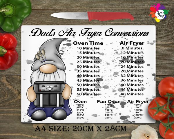 Personalised Dad's Air Fryer Conversion Glass Chopping Board, Gnome Glass Cutting Board, Kitchen, A4 Size