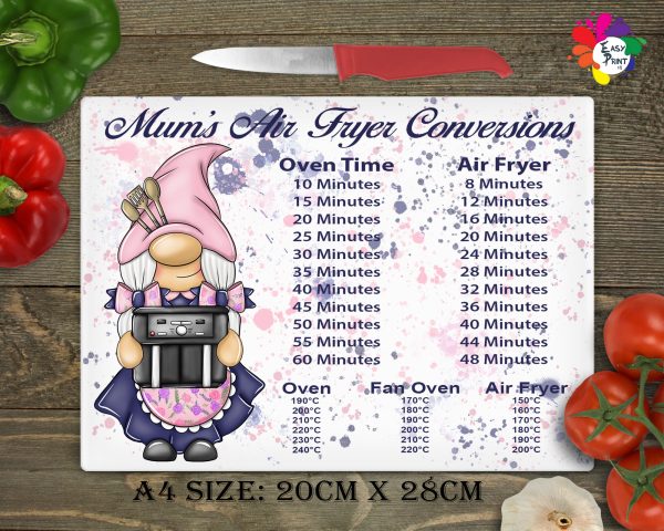 Personalised Air Fryer Conversion Glass Chopping Board, Gnome Glass Cutting Board, Kitchen, A4 Size Single & Double Air Fryer - Image 2