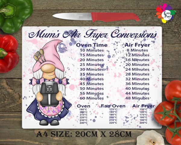 Personalised Air Fryer Conversion Glass Chopping Board, Gnome Glass Cutting Board, Kitchen, A4 Size Single & Double Air Fryer