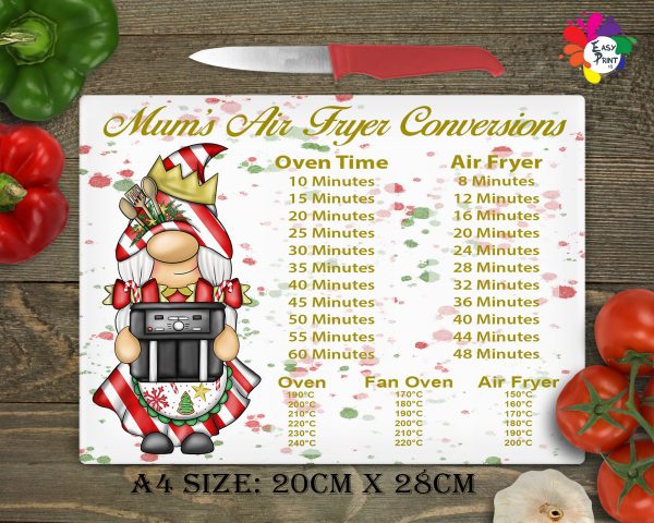 Personalised Christmas Mum's Air Fryer Conversion Glass Chopping Board, Gnome Glass Cutting Board, A4 Size